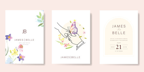 sweet elegant pink botanical Wedding Invitation, floral invite thank you, rsvp modern card Design in leaf and flower water color texture decorative Vector elegant rustic template
