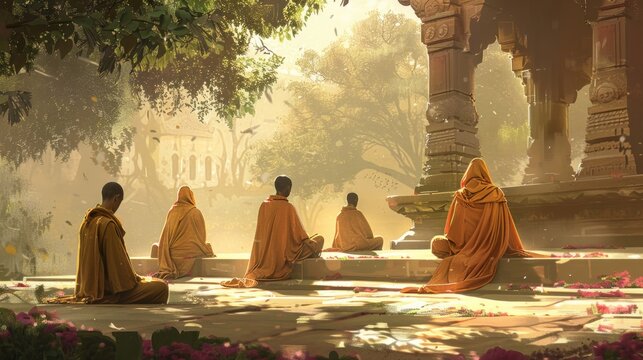 Illustration of ascetic monks basking in the morning sun
