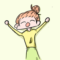 A woman in a yellow dress ties her hair up. Shouting with great joy.