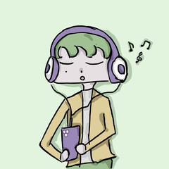 A man in a brown suit listens to music through headphones.