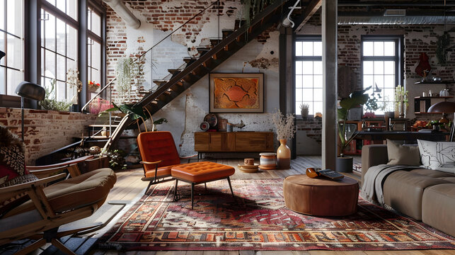 Urban Boho: Painted brick walls and bohemian fixtures, eclectic furniture with an urban twist, open spaces with a relaxed, city vibe