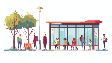 Naklejka premium People Waiting on Bus Stop Men Women Granny and Child