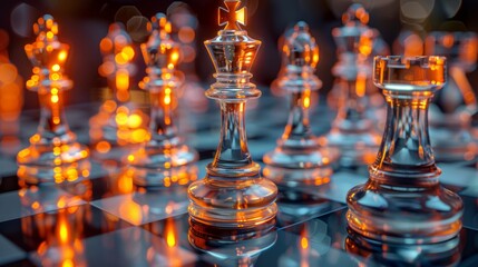 Illuminated Glass Chess Pieces on a Reflective Chess Board in Warm Lighting