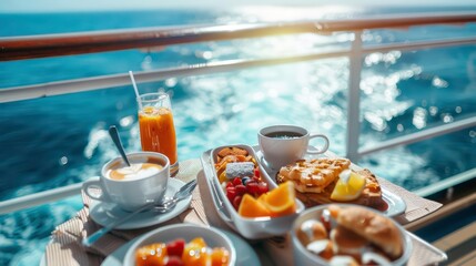 A full room service breakfast on a balcony of a cruise ship cabin at sea including juice coffee and full meals on a sunny luxury vacation at the sea. Generative AI
