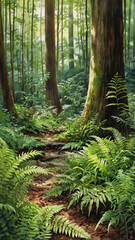 Watercolor painting: A lush forest floor carpeted with vibrant, green ferns, providing a cool, shaded refuge from the summer heat,