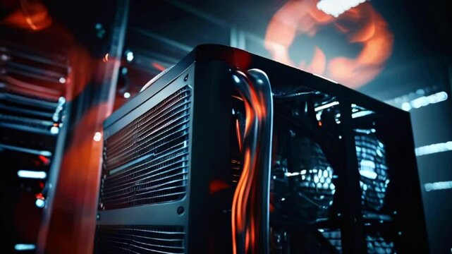 A black and gray computer case with orange cables and a red fan is sitting on a table.
