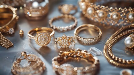 A collection of gold jewelry including rings, chains, bracelets, and earrings arranged on top of a table. The items sparkle in the light, showcasing their beauty and value.