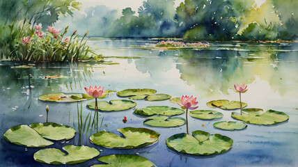 Watercolor painting: A peaceful lakeside scene, with water lilies in full bloom, their broad leaves and colorful flowers floating on the surface,
