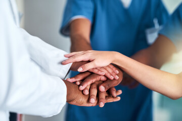 Hands, diversity and teamwork medical support, staff and healthcare with nurse and doctors....