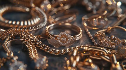 A collection of gold jewelry including rings, chains, bracelets, and earrings arranged on top of a table. The items sparkle in the light, showcasing their beauty and value.