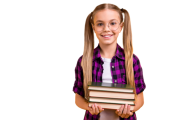 Closeup photo of little lady best pupil hold book pile glad return class wear specs checkered shirt isolated yellow background