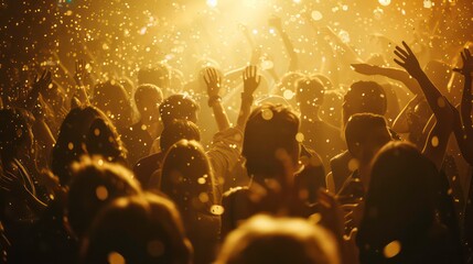 A crowd of people in a music event, dancing in gold color lights. Generative AI