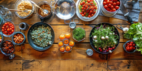 Culinary class setup on a wooden kitchen counter. Sophistication to the culinary adventure. Shot from above.