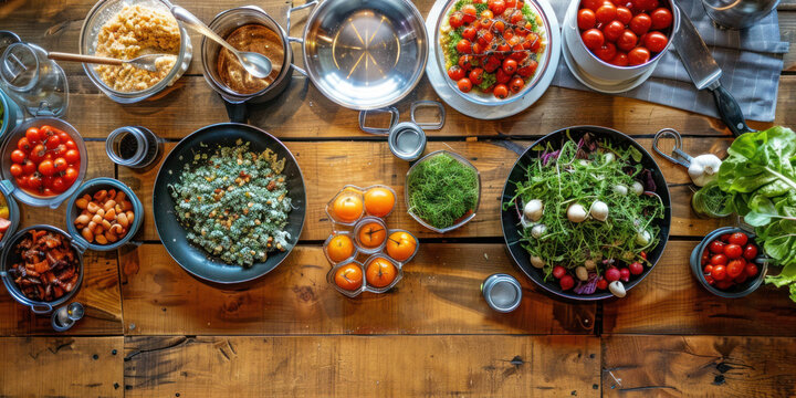 Culinary class setup on a wooden kitchen counter. Sophistication to the culinary adventure. Shot from above.