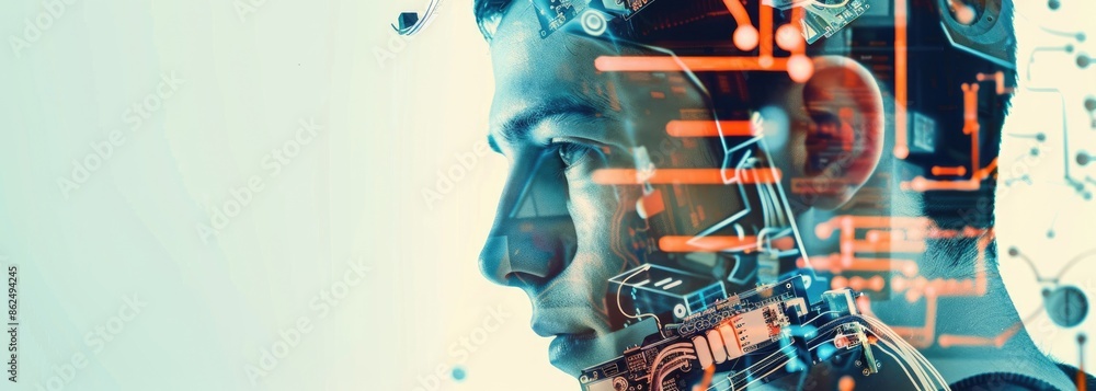 Poster the image shows a man's face with a circuit board pattern overlaid on the right side of his face. th