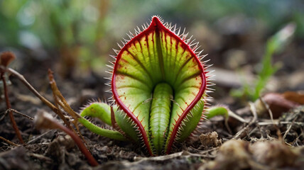 Watercolor painting: A Venus flytrap, its vibrant traps tinged with red, as it captures the last of the season's insects before the onset of winter,