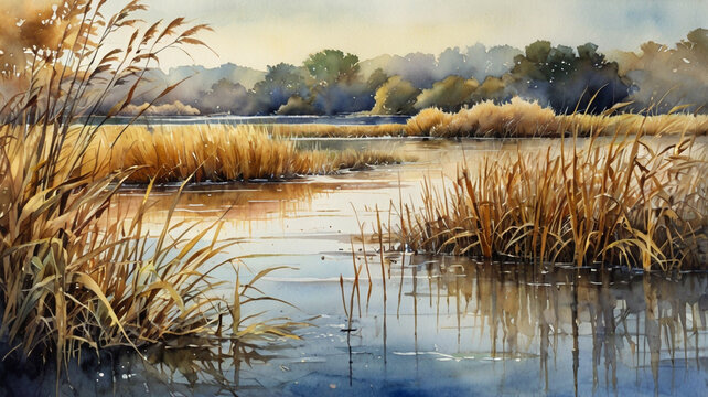 Watercolor painting: A tranquil marsh, with the reeds and cattails turning golden, as they sway gently in the crisp, autumn breeze,