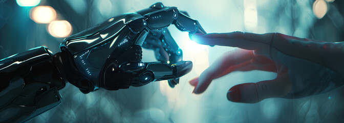 Human-Robot Connection. This captivating image depicts a close-up interaction between a human hand and a robotic hand, symbolizing the convergence of humanity and technology.