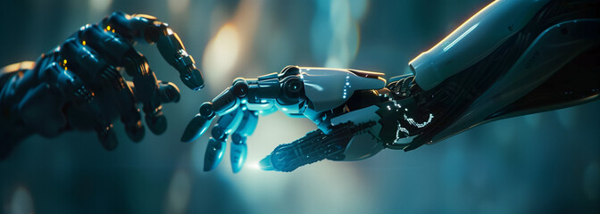 Human-Robot Connection. This captivating image depicts a close-up interaction between a human hand and a robotic hand, symbolizing the convergence of humanity and technology.