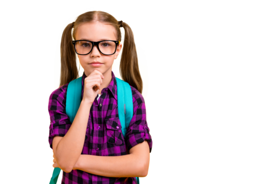 Close up photo of small lady pupil hold hand chin pretty ponytails lesson wear specs checkered shirt isolated yellow background