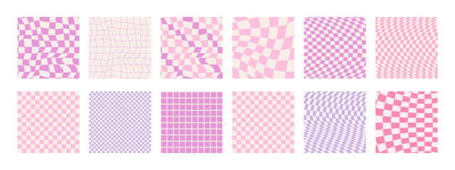Set of funky groovy backgrounds vector design. Cool abstract colorful patterns. Y2K aesthetic, flat design, 1970, trippy grid, wavy swirl poster collection in bright pink and lilac colors. 