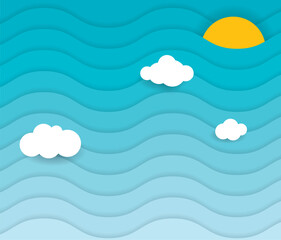 Paper art blue sky with clouds and sun. Flat style vector illustration.