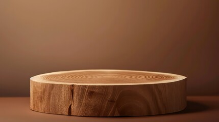 A genuine wooden podium with a natural round shape stands on a brown background It creates an eco friendly scene for presentations with a sawn cut texture and offers copy space for customization