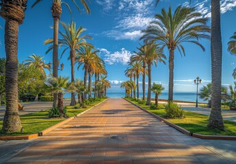 Obraz premium Palm Tree Lined Pathway Leading to the Beach on a Sunny Day