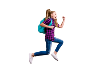 Full body side photo of little pupil jump high glad return school wear casual checkered shirt jeans denim isolated yellow background
