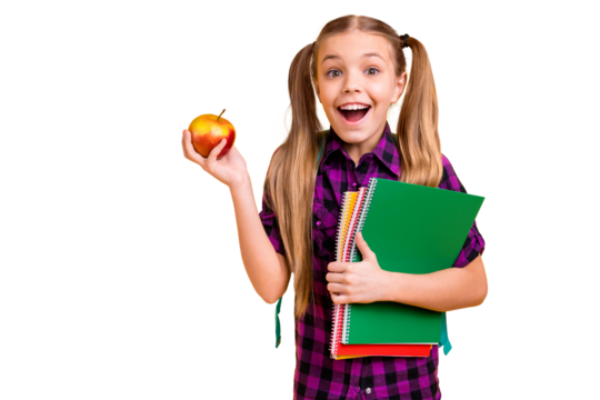 Close up photo of little lady diligent pupil copybooks hands apple lunchtime wear casual checkered shirt isolated yellow background - Powered by Adobe