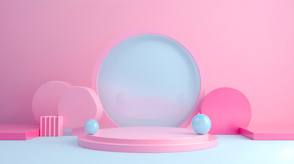Minimal product podium stage with blue pastel color balloons in geometric shape for presentation background Abstract background and decoration scene
