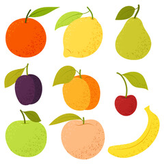 Healthy food. Set of different fruits in flat style on a white background. Collection of organic vitamins and healthy nutrition.