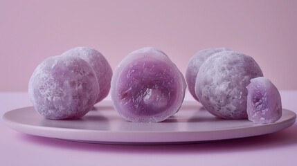 A display of sweet potato mochi, each piece a delicate, round dessert with a purple hue and a light dusting of powder.
