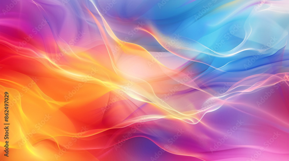Poster abstract colorful background with flowing lines and curves, vibrant colors, soft lighting, and a sen