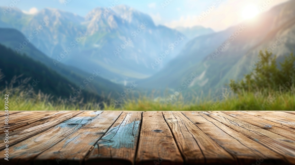 Wall mural wooden table top with blurred mountain and grass background depicting a fresh and relaxing concept f - Wall murals