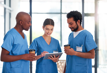 Medical, people and tablet discussion in clinic, staff and conversation or health research with...