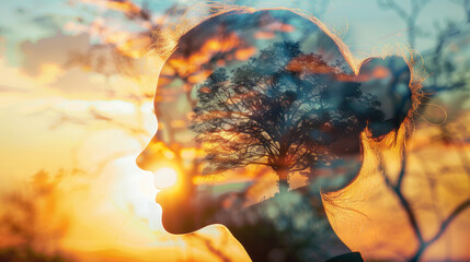 Woman head silhouette in profile with tree in the sky. Mental health day. Conceptual image. Mental Health Disorder