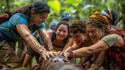 Group of friends covered in mud, smiling and laughing while participating in an outdoor activity.