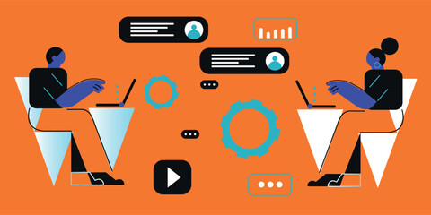 Technology abstract background. Work online, freelancing, education. Cartoon style. Vector illustration