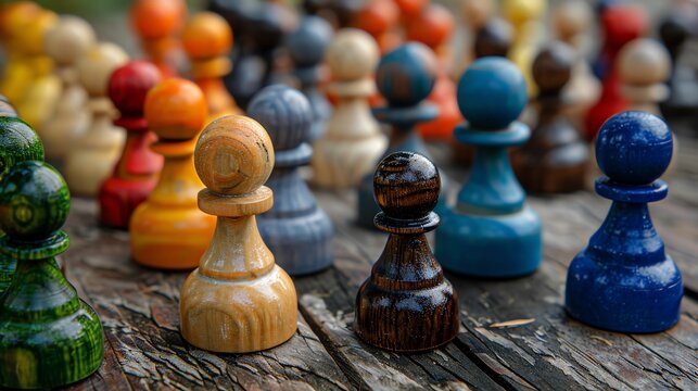 Colorful wooden chess pawns arranged on a wooden surface.