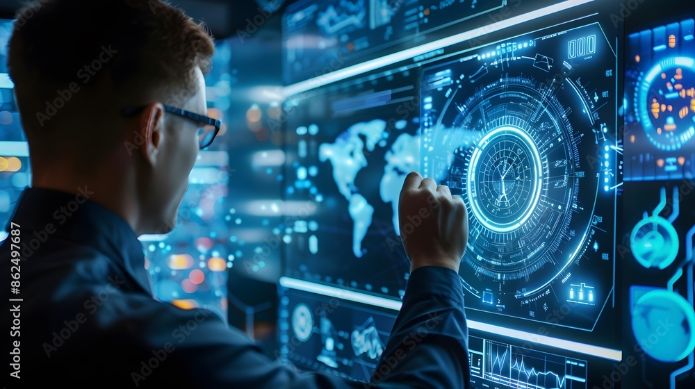 Poster a man is pointing at a screen with a globe on it. the globe is surrounded by a blue circle and the m