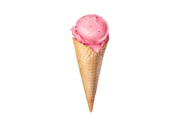 Strawberry pink ice cream waffle cone on white or transparent png background isolated food