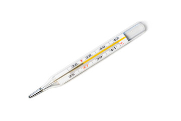 Mercury-in-glass thermometer with temperature mark 37 C isolated on white background flat lay 