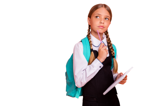 Portrait of her she nice attractive lovely charming cute minded nerd pre-teen girl learning academic subject isolated over bright vivid shine orange background