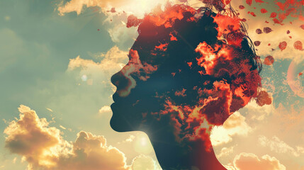 Woman head silhouette in profile with sky and clouds. Mental health day. Conceptual image. Mental Health Disorder