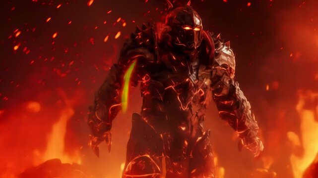 Elemental guardian emerges from crackling red and ember particles. Volcanic backdrop accentuates primordial scene. Molten armor solidifies, suggesting elemental mastery. 