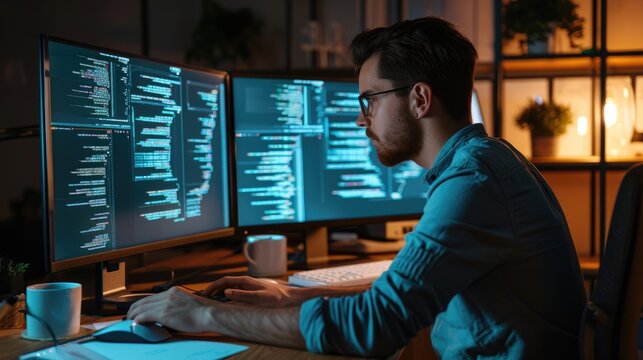 A software developer works on code late into the night, illuminated by the glow of multiple computer screens in a modern office. AIG41
