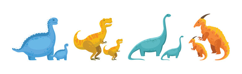 Funny Dinosaur Animal and Beast of Prehistoric Age Vector Set