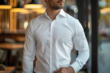 Fototapeta premium a young man in a white shirt posing in front of for mockup. Generative AI