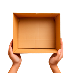 Brown craft cardboard box in woman hands, isolated on transparent background.